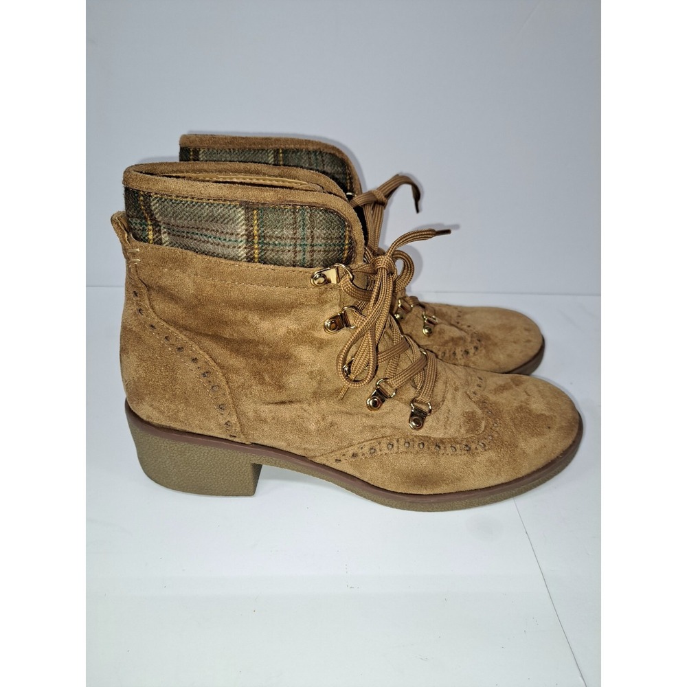 Tommy Hilfiger Women's Boots Tan Lace Up Faux Suede Size 9.5 Plaid & Gold Detail